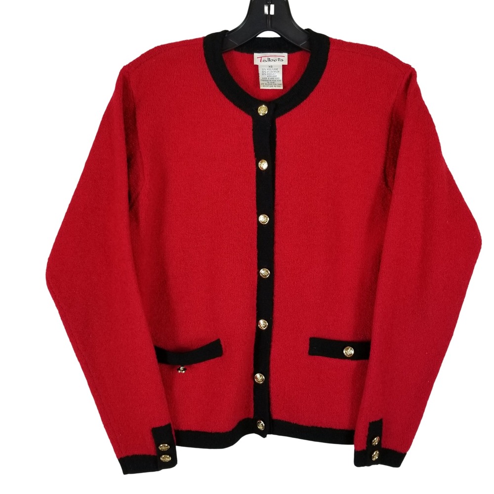 Talbots Cardigan Sweater Women XS Red Black Wool Blend Gold Crest Button Vintage